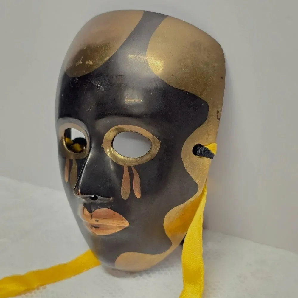 Vintage Solid Brass Theater Entity Mask Black Gold Wall Hanging MCM Decor